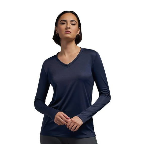 Expert Brand USA-Made Women's DriMax™ V Neck Athletic Long Sleeve, Navy, XXL