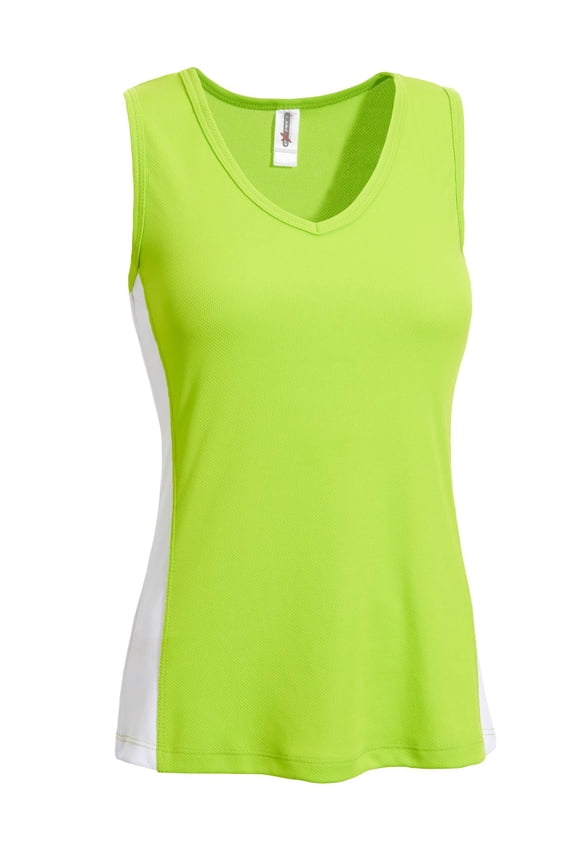 USA-Made Women's Oxymesh™ Athletic V Neck Sleeveless T-Shirt, Lime/White, Large