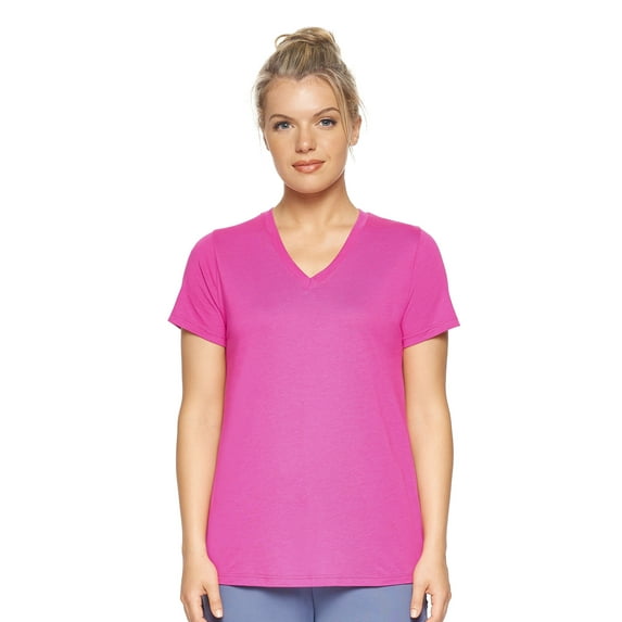 Expert Brand Women's USA-Made MoCA V-Neck Cotton Blend T-Shirt, Berry, Large
