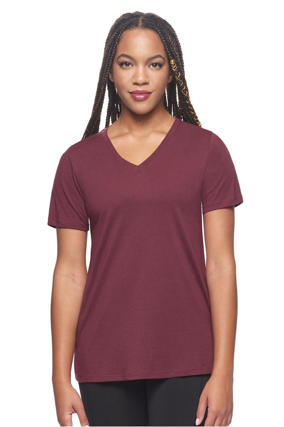 Women's USA-Made MoCA V-Neck Cotton Blend T-Shirt, Maroon, Medium