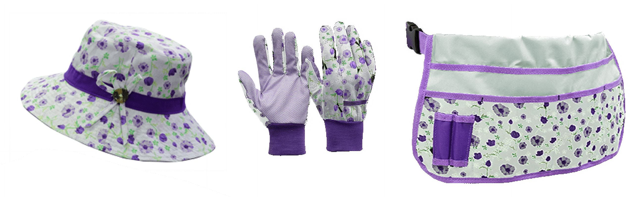 Expert Gardener 3-Pack Garden Apparel Accessory Combo-Glove, Hat and Waist Bag, Size Fits Most, Purple And white Color