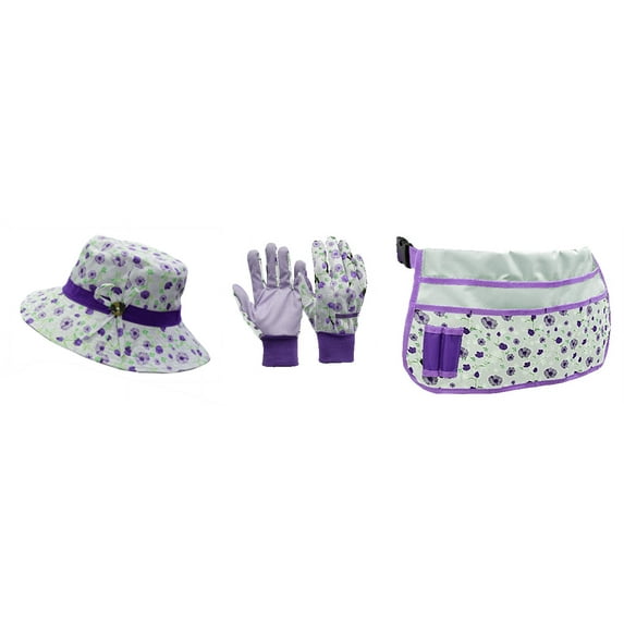 Expert Gardener 3-Pack Garden Apparel Accessory Combo-Glove, Hat and Waist Bag, Size Fits Most, Purple And white Color