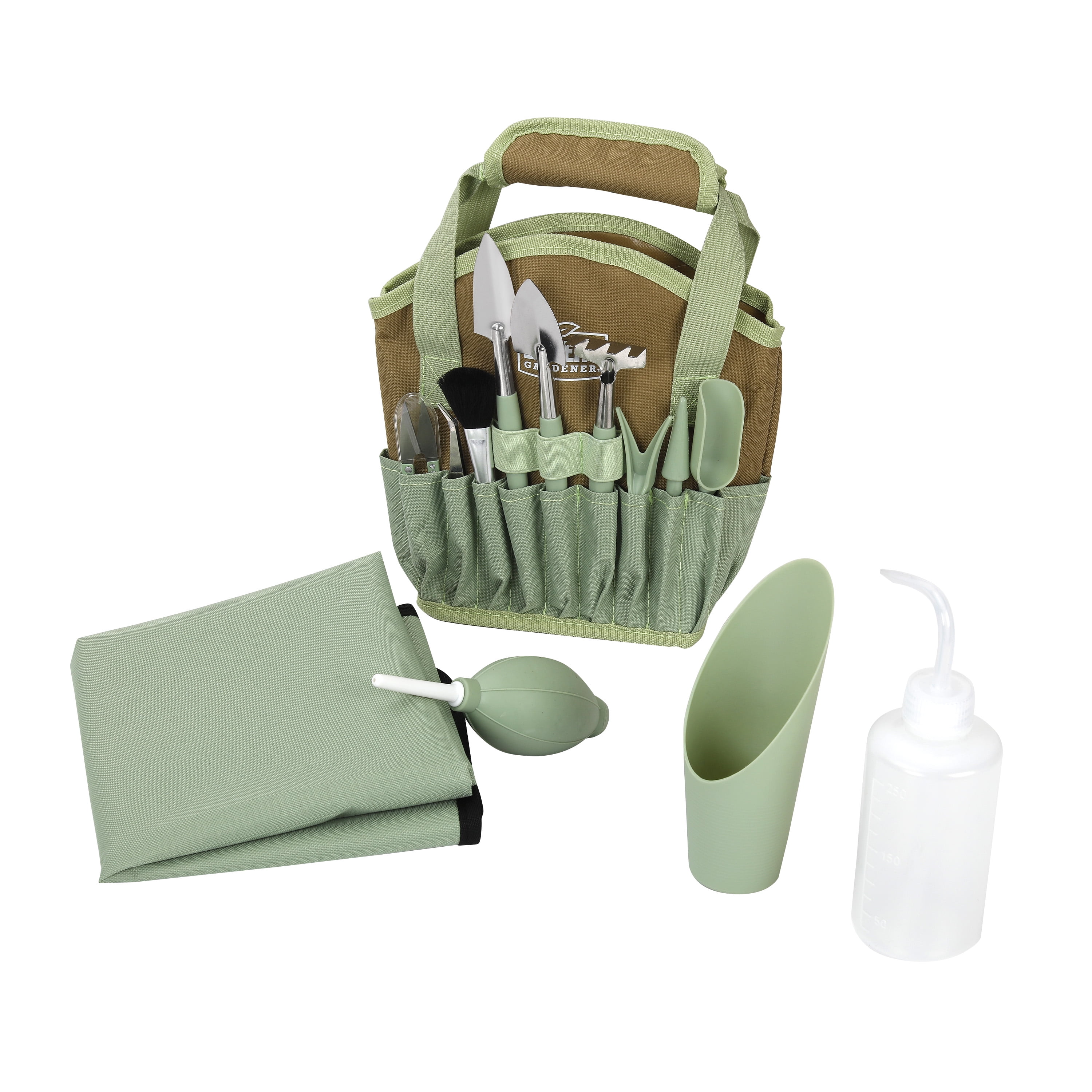 Misty Mint Stainless Steel Indoor Gardening Tool Set with Polyester Bag, 14 Pieces