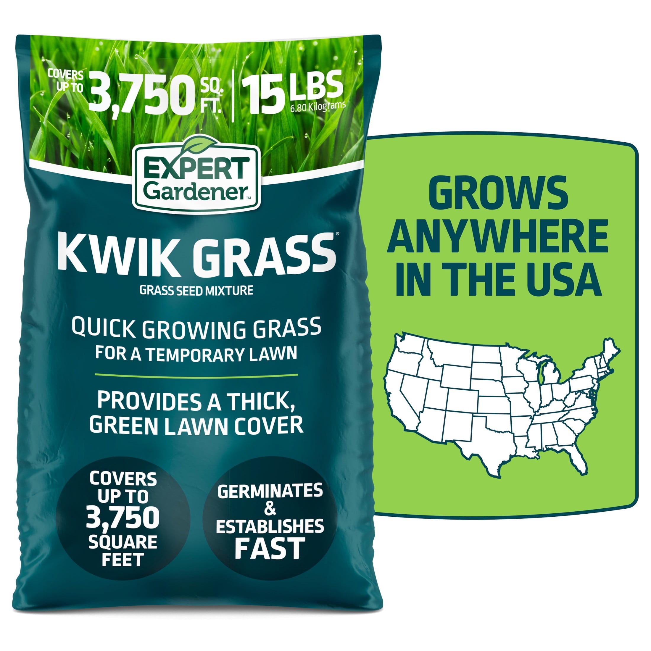 Expert Gardener Kwik Grass Seed Mix, for Sun to Partial Shade, 15 lb., 1 Pack, New