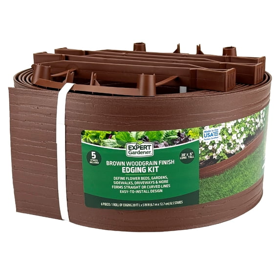 Expert Gardener Landscape Edging with Stakes, 5 in. x 20 ft., Brown Wood Grain Plastic