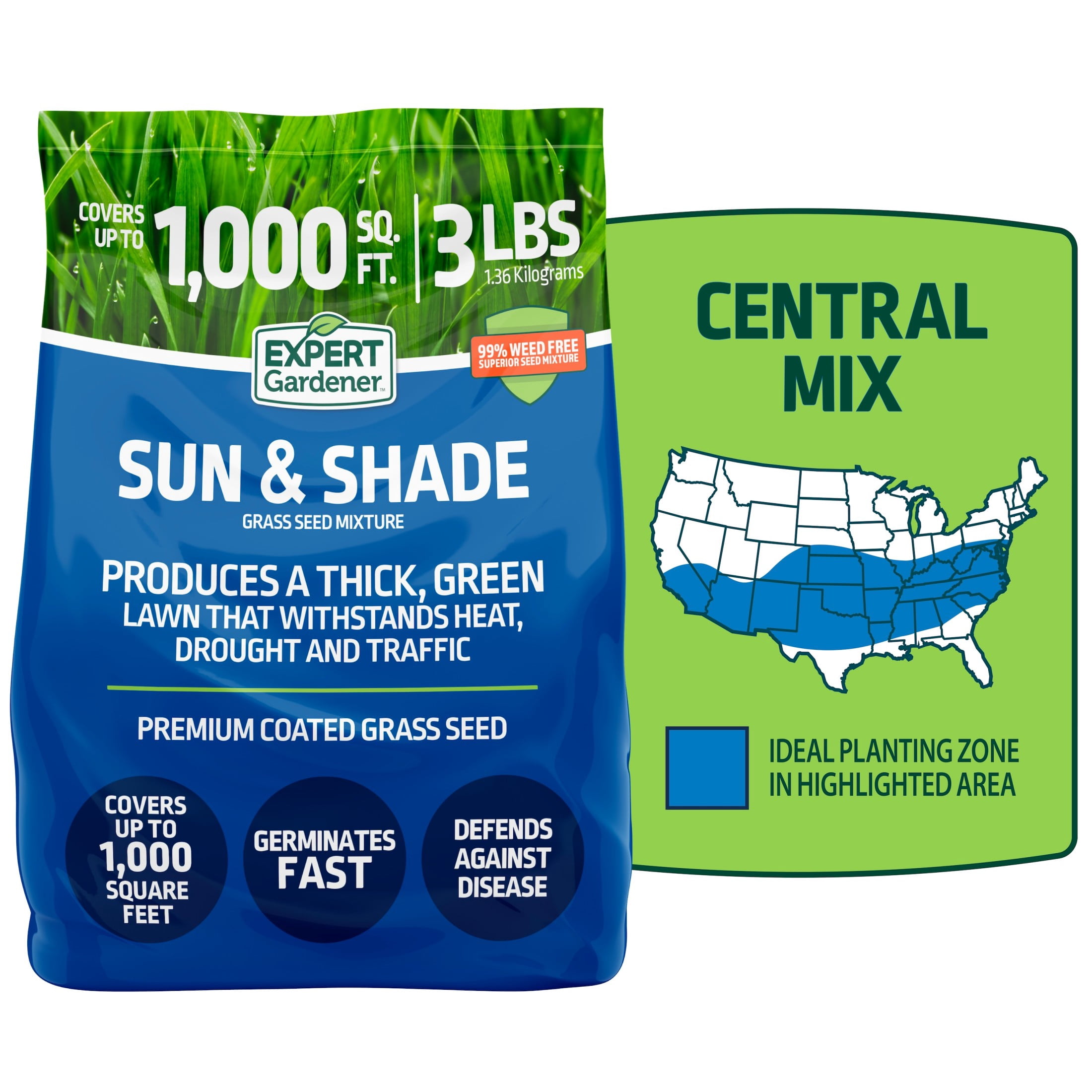 Expert Gardener Sun & Shade Southern Grass Seed Mix, for Sun to Partial Shade, 3 lb.