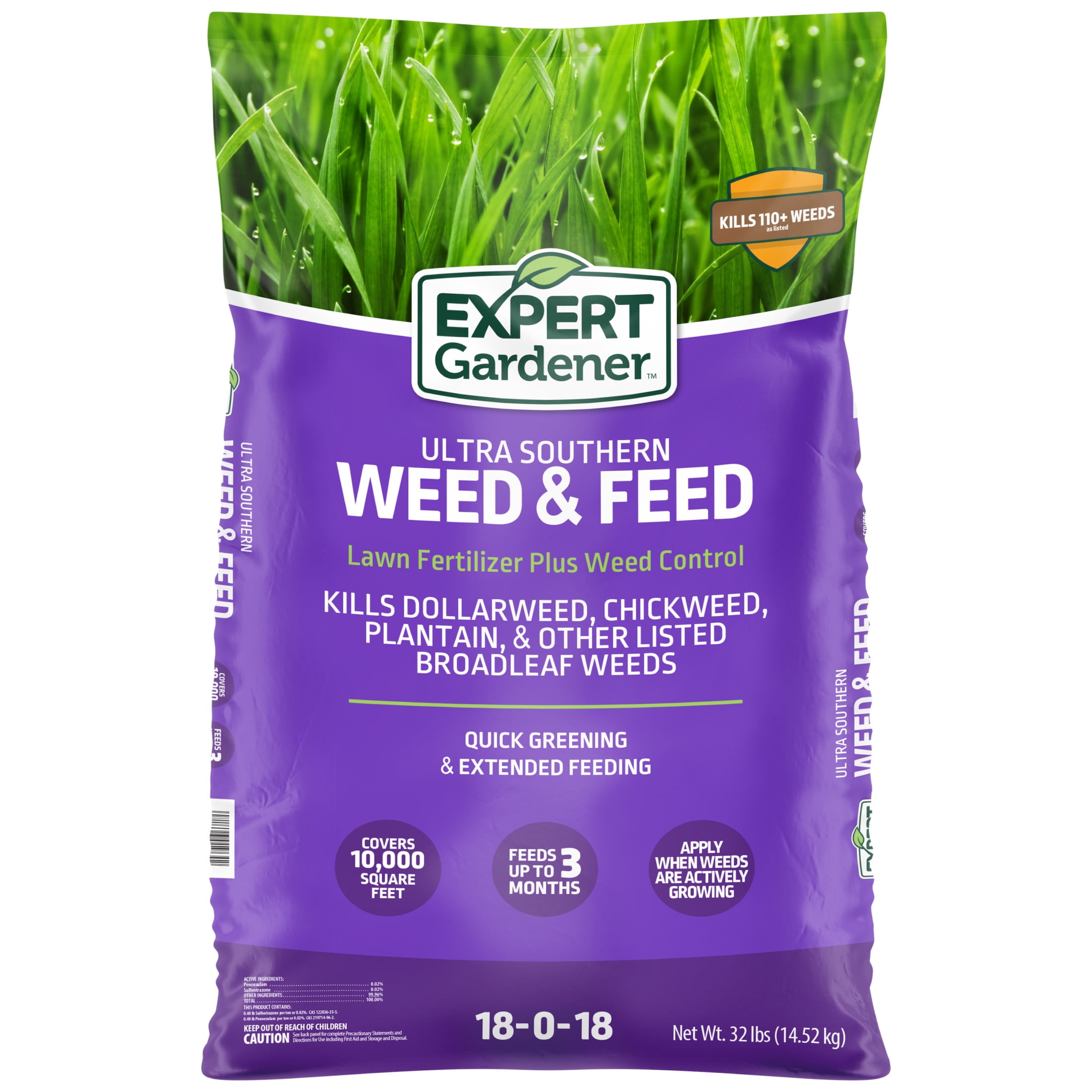 Expert Gardener Ultra Southern Lawn Fertilizer & Weed Control, 32 lb.- Covers 10,000 Sq. ft.