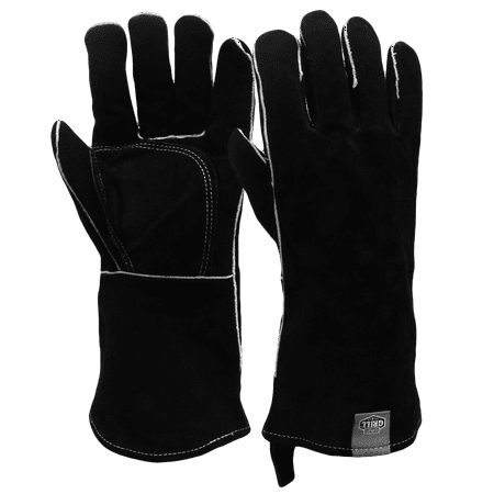 Expert Grill 14" Insulated Heat Resistant Leather BBQ Gloves, Black Color