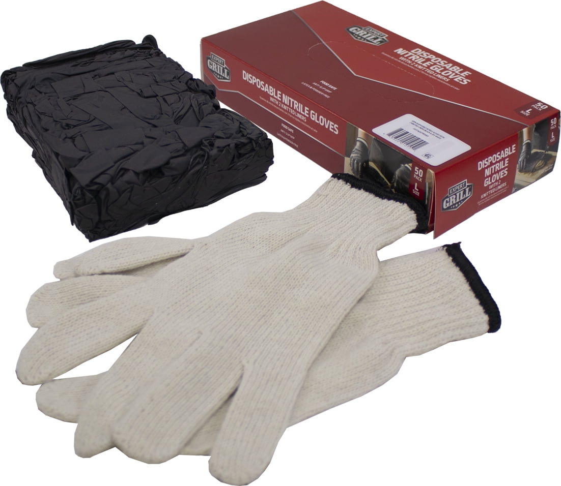 Expert Grill Large 50-Count Nitrile Disposable Gloves with 2 Knitted Glove Liners, Black, for BBQ, Grill & Kitchen