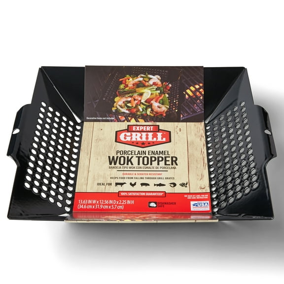 Expert Grill Square Porcelain Coated Wok Grill Topper, 12" x 12", Dishwasher-Safe