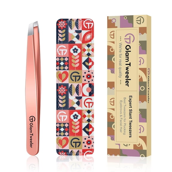 Expert Slant Tip Tweezers with Leather Case, General Sharp & Precision Stainless Steel Tweezer for Eyebrows, Facial Hair and Fine Hairs Removal (Rose Gold)