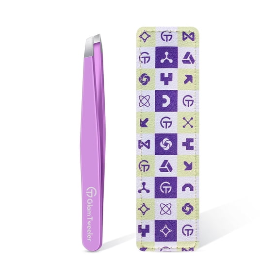 Expert Slant Tip Tweezers with Leather Case, General Sharp & Precision Stainless Steel Tweezer for Eyebrows, Facial Hair and Fine Hairs Removal (Violet)