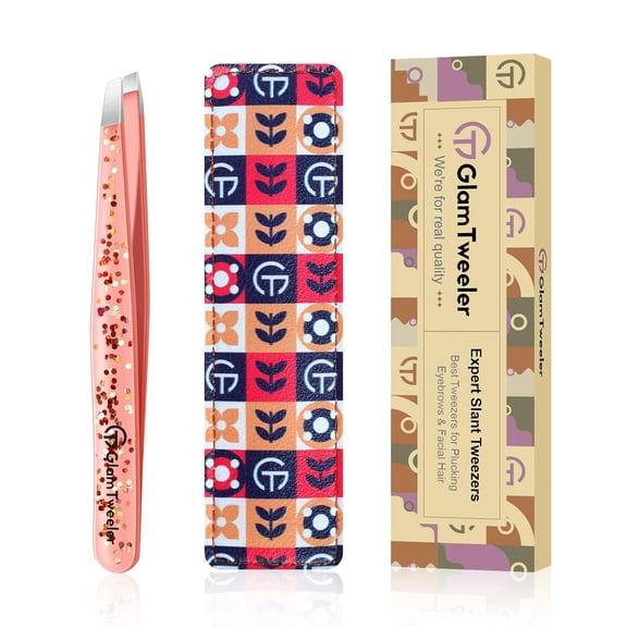 Expert Slant Tip Tweezers with Leather Case, Sharp & Precision Stainless Steel Tweezer for Eyebrows, Facial Hair and Fine Hairs Removal (Glitter Rose Gold)