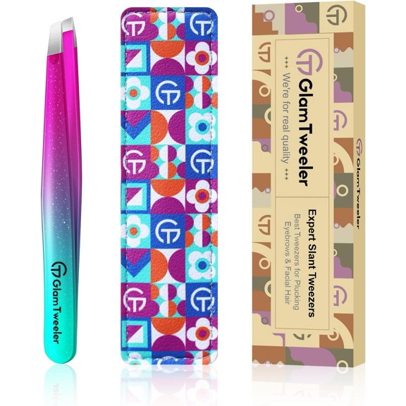 Expert Slant Tip Tweezers with Leather Case, Sharp & Precision Stainless Steel Tweezer for Eyebrows, Facial Hair and Fine Hairs Removal (Sparkle Purple & Turquoise)