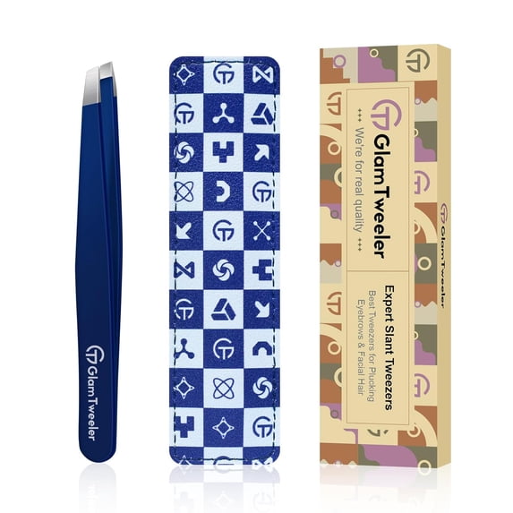 Expert Slant Tip Tweezers with Leather Travel Case, General Sharp & Precision Stainless Steel Tweezer for Eyebrows, Facial Hair and Fine Hairs Removal (Navy Blue)