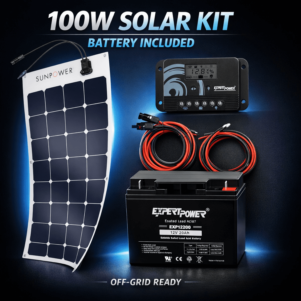ExpertPower 100W Solar Panel Kit with 12V 20Ah Battery, SunPower Flexible Panel, 10A Charge Controller, Off-Grid System for RV, Shed, Cabin, Lights