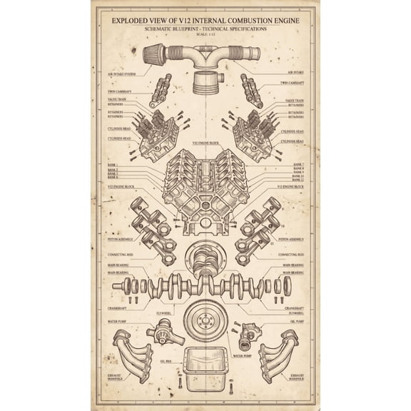 Exploded View V12 Internal Combustion Engine Poster Detailed Mechanical Diagram Automotive Art