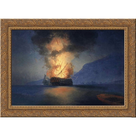 Exploding Ship 24x20 Gold Ornate Wood Framed Canvas Art by Aivazovsky, Ivan