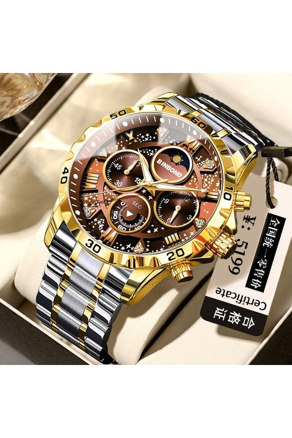 Casual Men Quartz Watch Starry Sky Moon Phase Dial Luminous Waterproof Stainless Steel Wristwatch