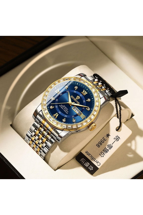 Men's Fashion Business Diamond Watch Dual Calendar Waterproof Luminous Quartz Wristwatch