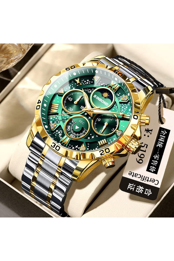 Men's Fashion Luminous Watch Waterproof Starry Sky Moon Phase Stainless Steel Quartz Wristwatch