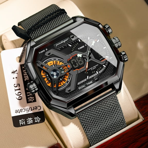 Explojoy Men's Square Chronograph Watch – Stainless Steel Mesh Strap, Waterproof Quartz Movement