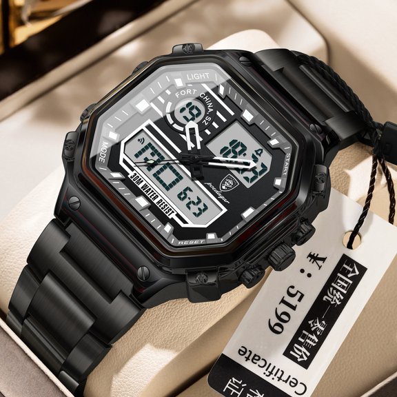 Explojoy Men's Square Dial Watch – Waterproof Quartz Timepiece with Electronic Display