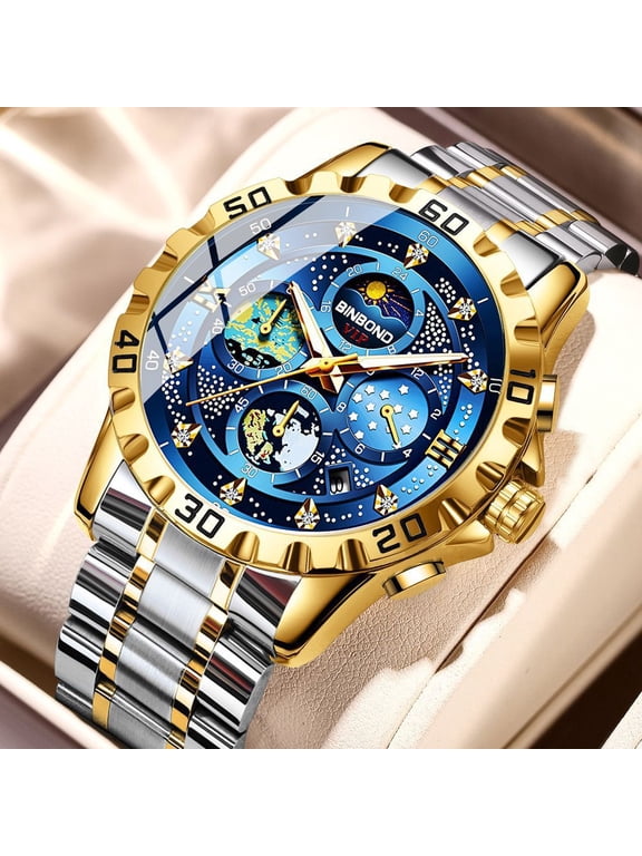 Men's Stainless Steel Business Wristwatch Starry Sky Dial Quartz Movement Luminous Calendar 30M Waterproof