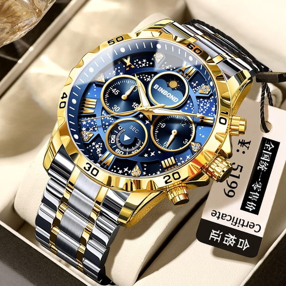 Explojoy Men's Starry Sky Moon Phase Quartz Watch Stainless Steel Luminous Waterproof Wristwatch