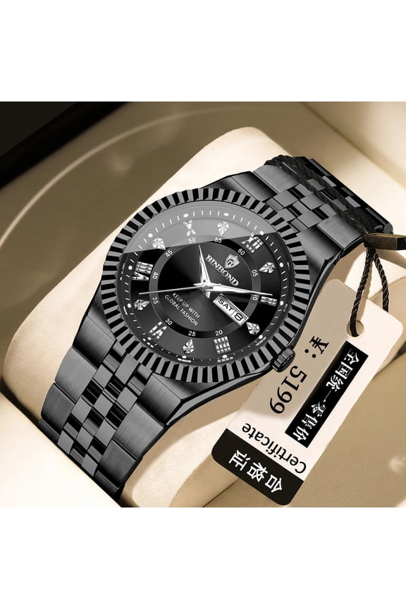 Quartz Watch for Men Waterproof Ultra-Thin Luxury Stainless Steel Strap 40mm Alloy Case Watch with Day-Date Luminous Fashion Diamond Wristwatch