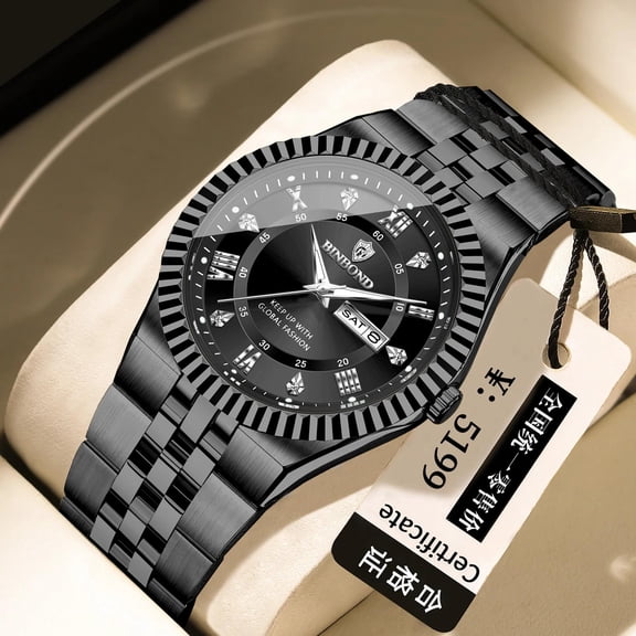 Explojoy Quartz Watch for Men Waterproof Ultra-Thin Luxury Stainless Steel Strap 40mm Alloy Case Watch with Day-Date Luminous Fashion Diamond Wristwatch