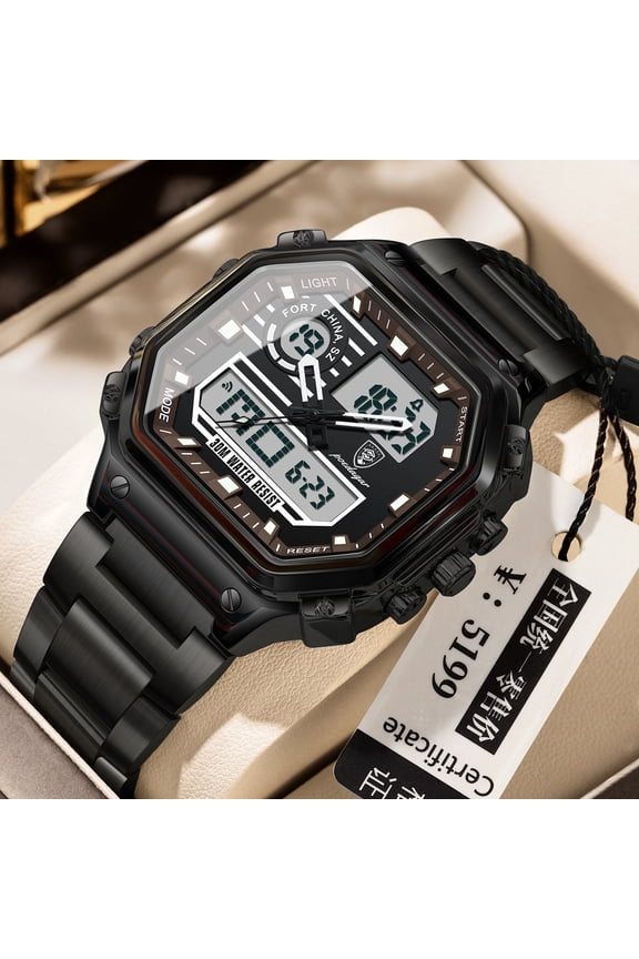 Square Quartz Watch for Men – Waterproof, Stainless Steel, Multi-Function Design