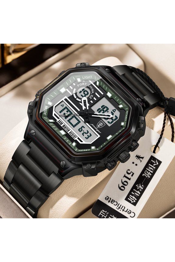Square Quartz Watch for Men – Waterproof, Stainless Steel, Multi-Function Design