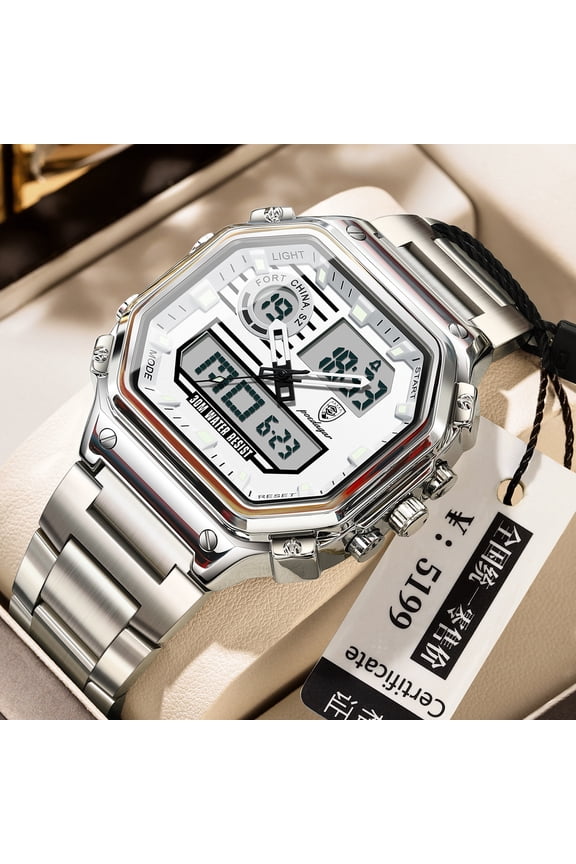 Square Quartz Watch for Men – Waterproof, Stainless Steel, Multi-Function Design