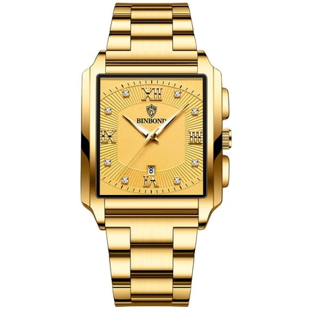 Explojoy Stainless-Steel Square Quartz Watch for Men Waterproof Simple Style Luminous Date Fashion Wristwatch