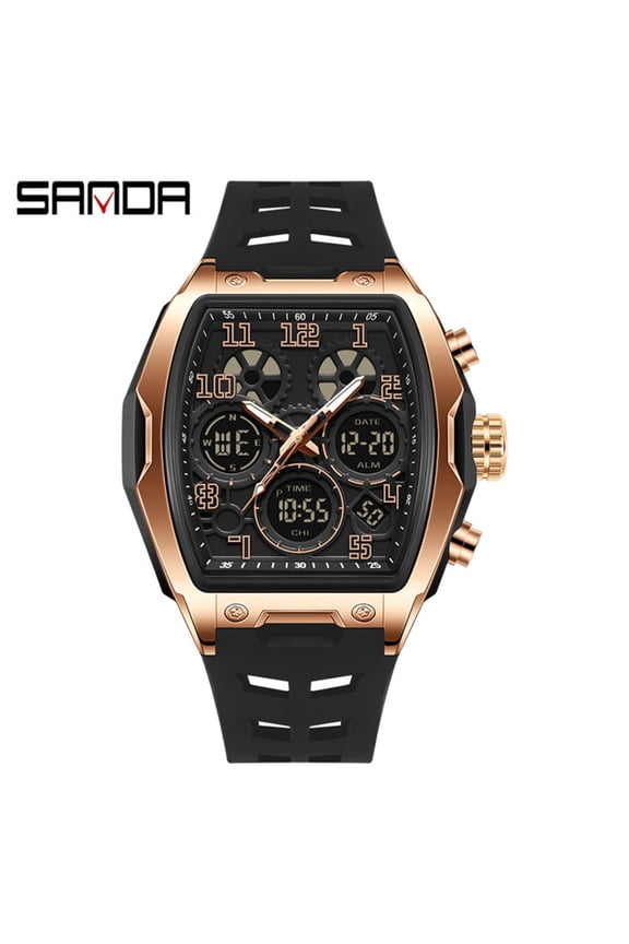 Stylish Men’s Digital Sports Watch – Waterproof Barrel Dial, 3 Time Zones, Alarm & Chronograph