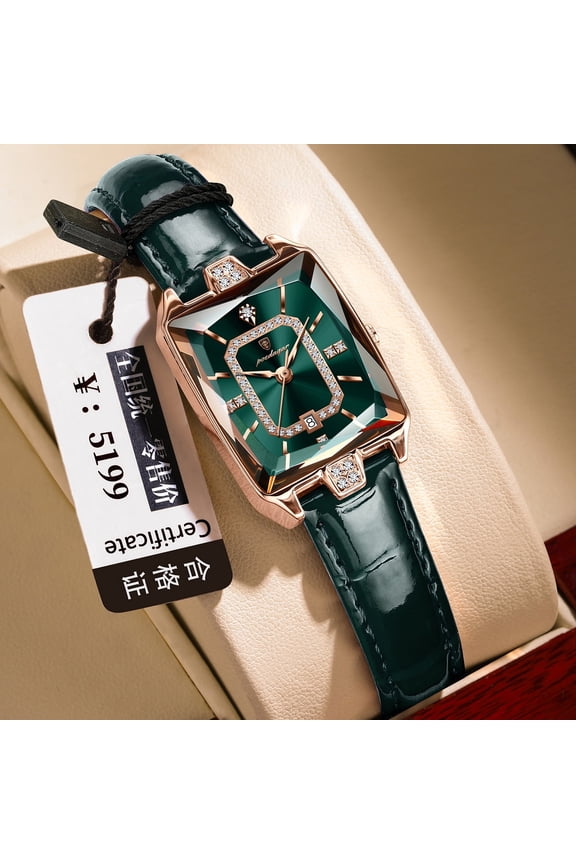 Women's Square Quartz Watch – Crystal Dial, Waterproof, and Leather Band