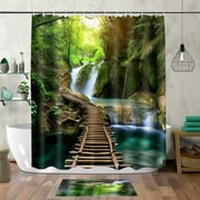 Explore Ancient Ruins with a Wooden Bridge Shower Curtain Set Nature Landscape Theme Hyper Realistic 3D Design High Resolution Photography