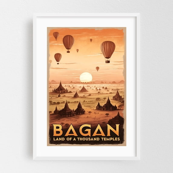 Explore Bagan: A Timeless Wonder Captured in Art - Old Bagan Mandalay Region Myanmar (Burma) Illustration Travel Poster Sunset Vintage Poster Landscape White Framed Wall Art Print 20 x 30 inches