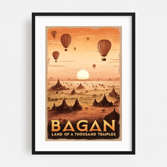Explore Bagan: A Timeless Wonder Captured in Art - Old Bagan Mandalay Region Myanmar (Burma) Illustration Travel Poster Sunset Vintage Poster Landscape Black Framed Wall Art Print 16 x 24 inches