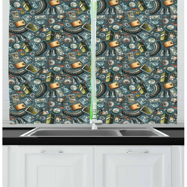 Explore Curtains 2 Panels Set, Cartoon Traveling Pattern with Coins Credit Cards Compass and Roads Doodle Design, Window Drapes for Living Room Bedroom, 55W X 39L Inches, Multicolor, by Ambesonne
