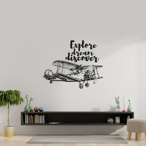 Explore Dream Life Quote Airplane Air Plane Jet Helicopter Wall Sticker Art Decal for Girls Boys Kids Room Bedroom Nursery House Fun Home Decor Stickers Wall Art Vinyl Decoration Size (28x30 inch)