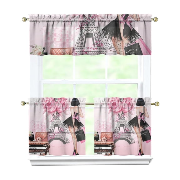 Explore Journey Kitchen Curtains Set - Fashion Vintage Travel Paris Girly Pink Tier and Valance Window Drapes with Beach Girl Adventure Trip Vacation Holiday Flight Airplane Print