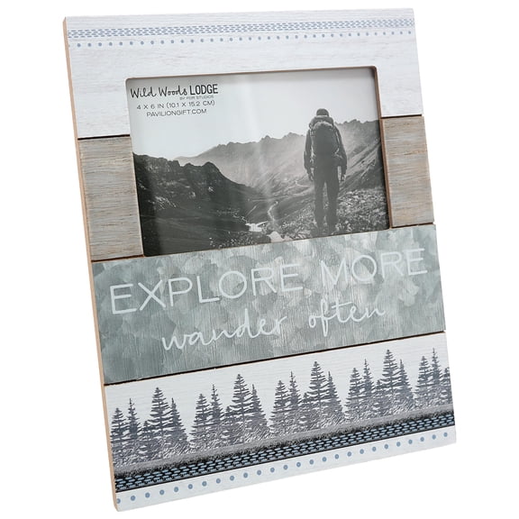 Pavilion Gift Company - Explore More - Textured Metal & Wood Picture Frame (Holds 4 x 6 inch Horizontal Photo), Hiking Picture Frame, Lodge Dcor, Cabin Dcor, 1 Count (Pack of 1), 7.75 x 10 inches