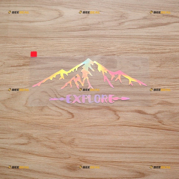 Explore Mountain Adventure Arrow Hiking Camping 4x4 Off Road Car Truck Bumper Sticker Decal Vinyl - Holographic Iridescent 7 Inches - No Background Die Cut