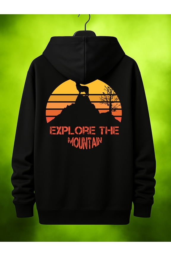 Explore the Mountain hoodies & sweatshirt Camping for men polyester black Regular Fit, All-Season Casual Wear, Ideal Gift funny streetwear guys cute Unique Design Unisex hoodie