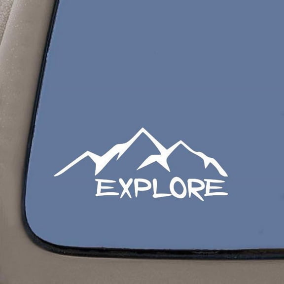 Explore Mountains Decal | 5.5-Inches Wide | White Vinyl Decal | Car Truck Van SUV Laptop Macbook Wall Decals