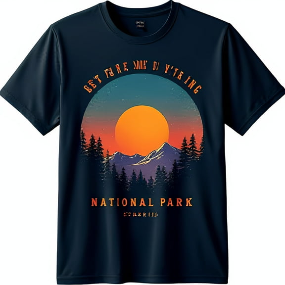 Explore Nature with Our Black T-Shirt Featuring a Vibrant Sunset Mountain Graphic