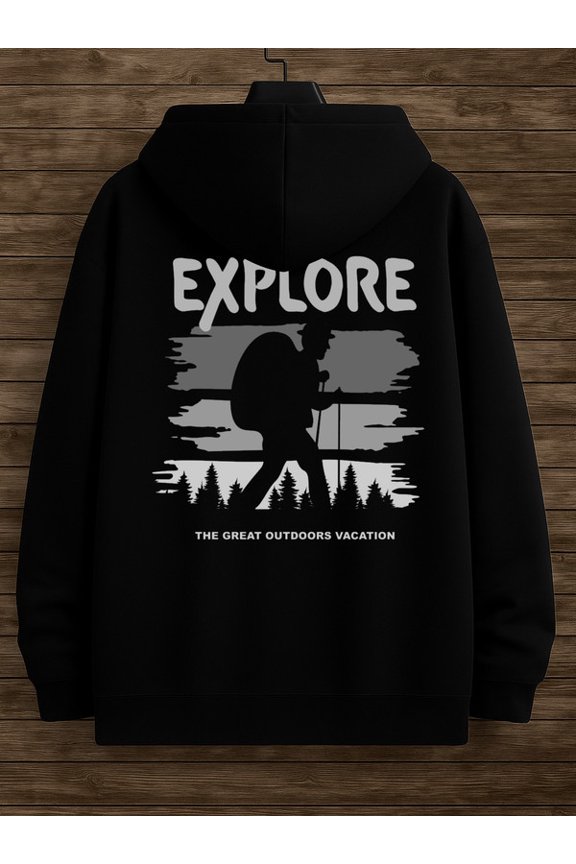 Explore Outdoors graphic hoodies Camping for men polyester black Regular Fit, Everyday Comfort, Comfortable Casualwear, Urban Style, elegant graphic guys funny Casual Unisex hoodie