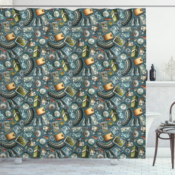 Explore Shower Curtain, Cartoon Traveling Pattern with Coins Credit Cards Compass and Roads Doodle Design, Fabric Bathroom Set with Hooks, 69W X 70L Inches, Multicolor, by Ambesonne
